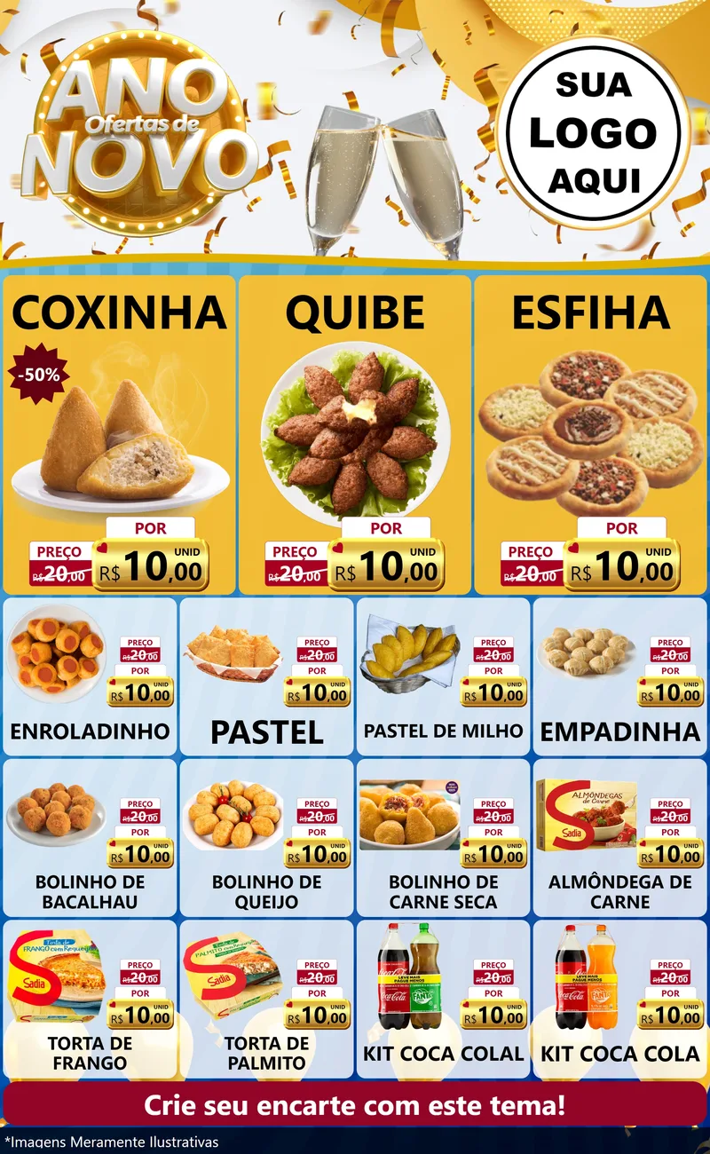Modelo de Encarte para Encarte Grande com o tema Ofertas de Ano Novo para Salgadaria