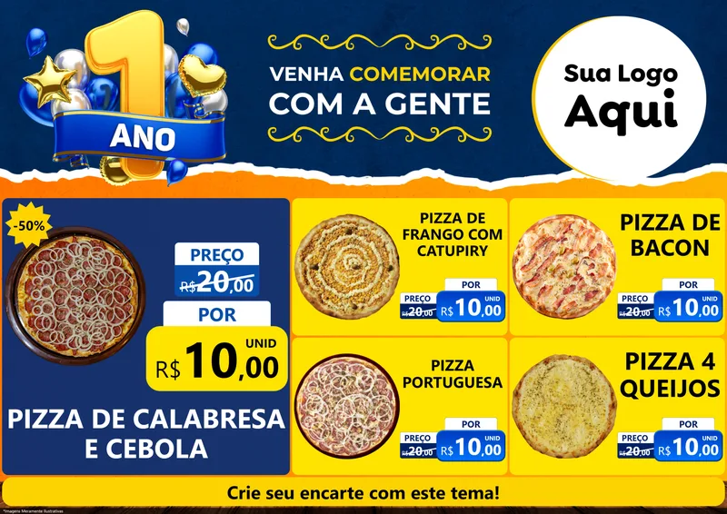Modelo de Encarte para Encarte A4 Horizontal com o tema Um Ano de Aniversário para Pizzaria