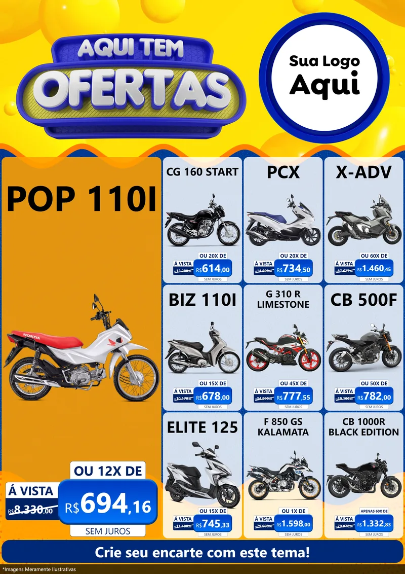 Modelo de Encarte para Encarte A4 Vertical com o tema Aqui Tem Ofertas para Concessionaria de Motos