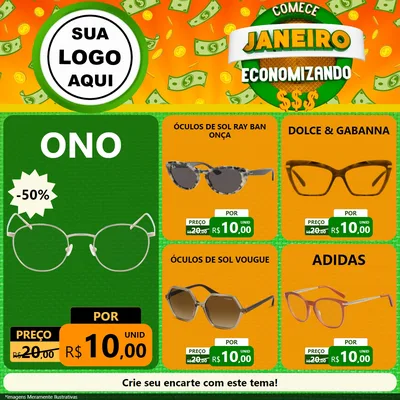 Modelo de Rede Social para Feed Facebook com o tema Comece Janeiro Economizando para Óticas