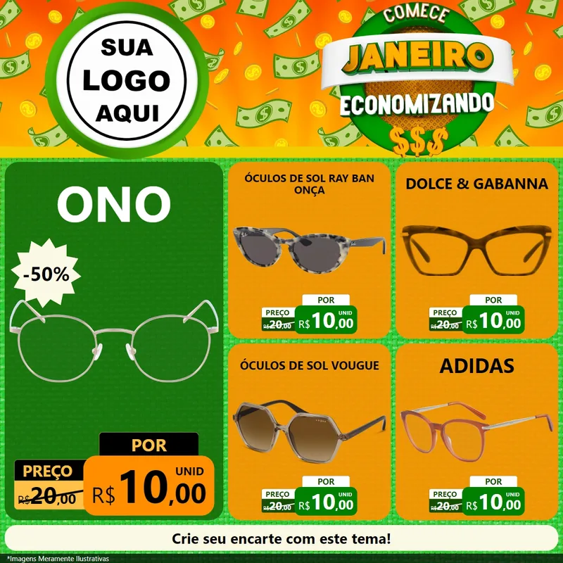 Modelo de Rede Social para Feed Facebook com o tema Comece Janeiro Economizando para Óticas