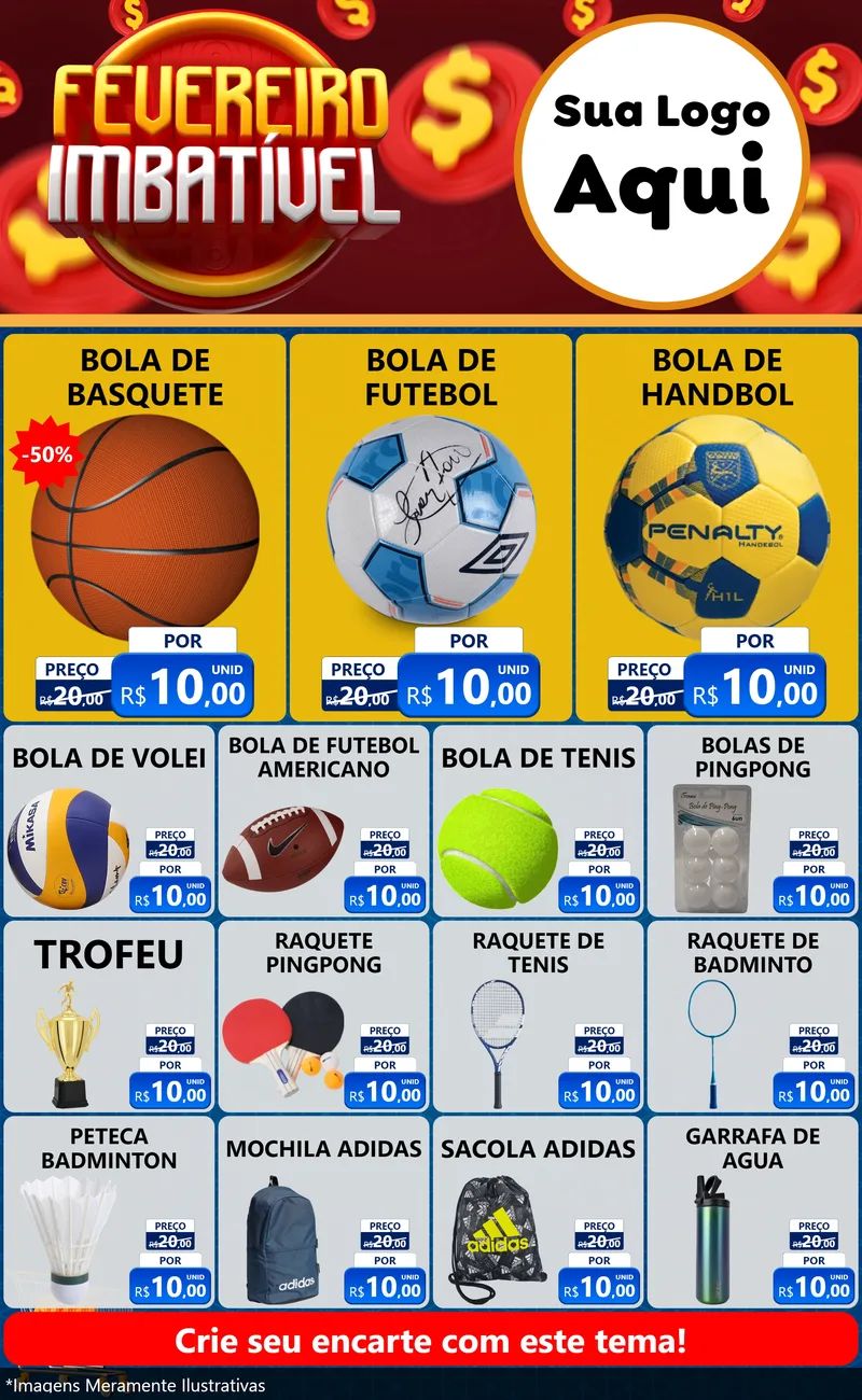 Modelo de Encarte para Encarte Grande com o tema Fevereiro Imbatível para Artigos Esportivos