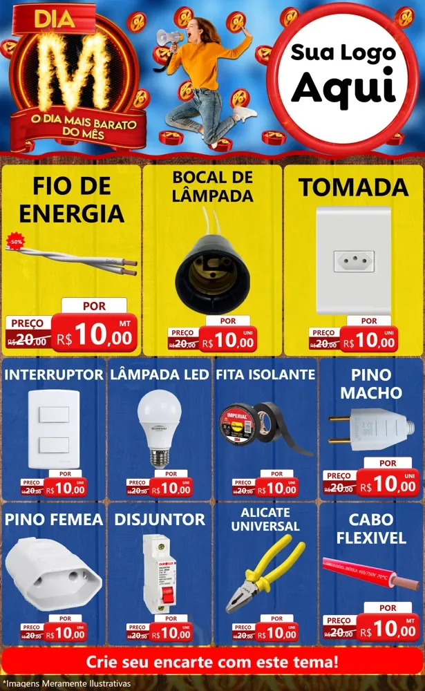 Modelo de Encarte para Encarte Grande com o tema Dia M - O Dia Mais Barato Do Mês para Materiais Elétricos