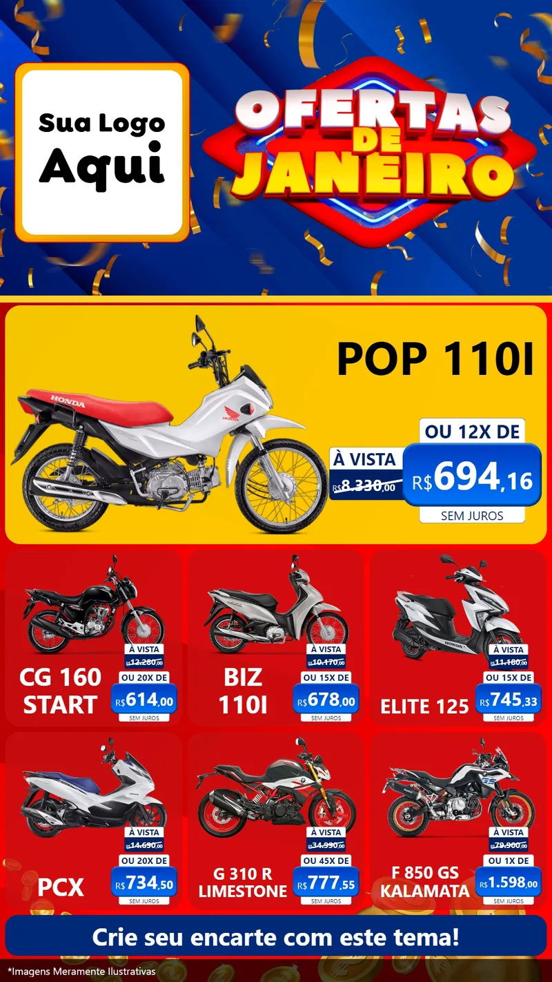Modelo de Rede Social para Stories com o tema Ofertas de Janeiro para Concessionaria de Motos