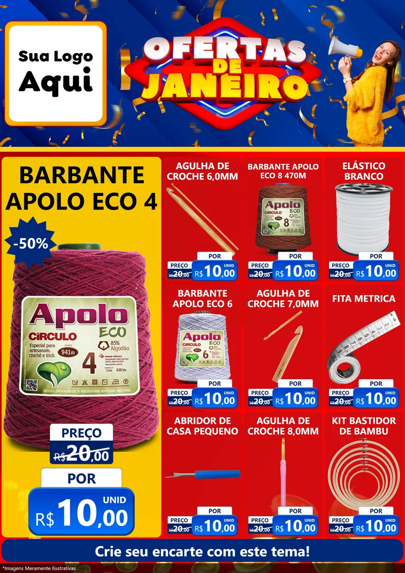 Modelo de Encarte para Encarte A4 Vertical com o tema Ofertas de Janeiro para Armarinho e Aviamentos