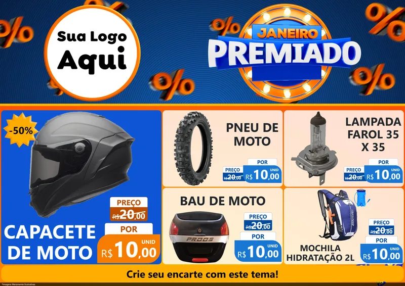 Modelo de Encarte para Encarte A4 Horizontal com o tema Janeiro Premiado para Moto peças