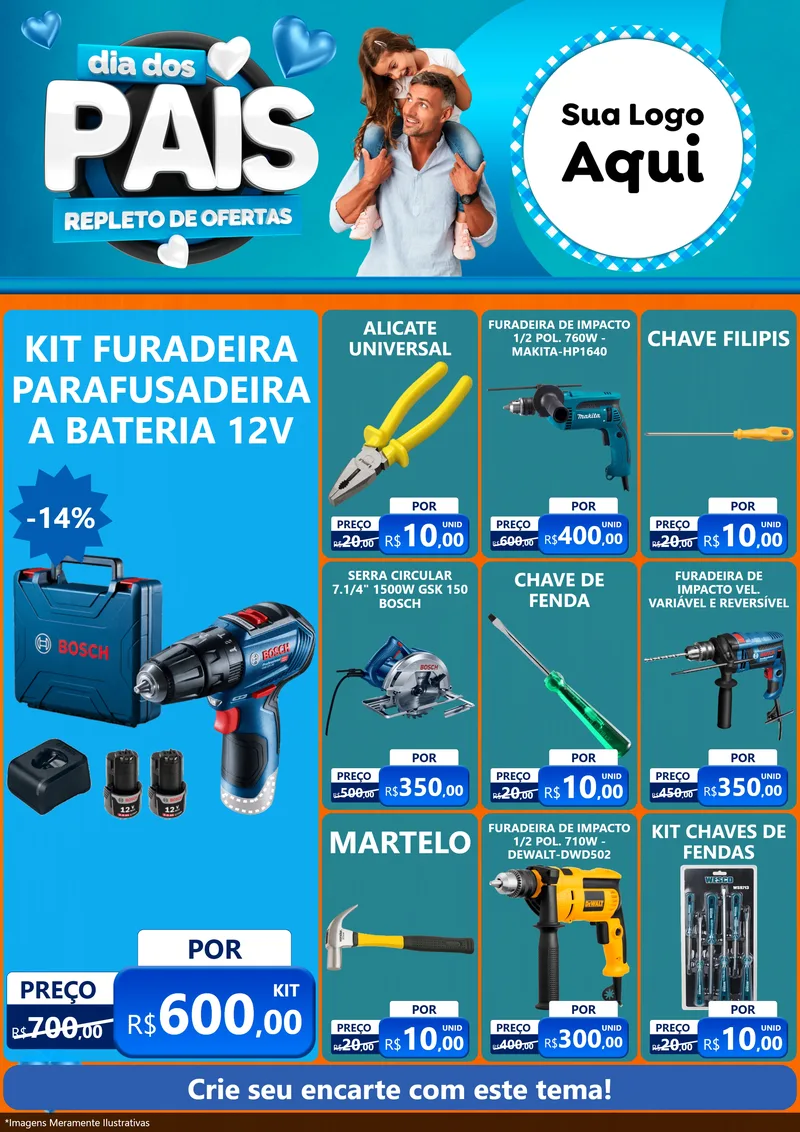 Modelo de Encarte para Encarte A4 Vertical com o tema Dia Dos Pais Repleto de Ofertas para Maquinas e Ferramentas