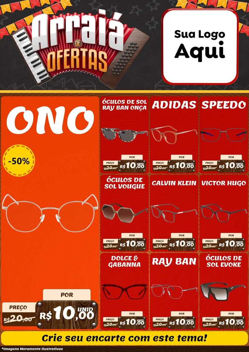 Modelo de Encarte para Encarte A4 Vertical com o tema Arraiá de Ofertas - Junina para Óticas