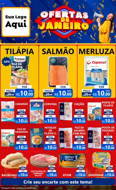 Modelo de Encarte para Encarte Grande com o tema Ofertas de Janeiro para Peixaria