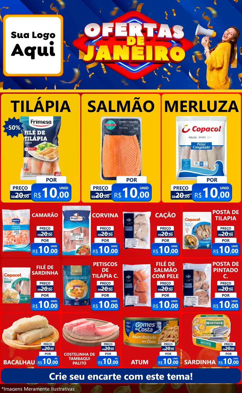 Modelo de Encarte para Encarte Grande com o tema Ofertas de Janeiro para Peixaria
