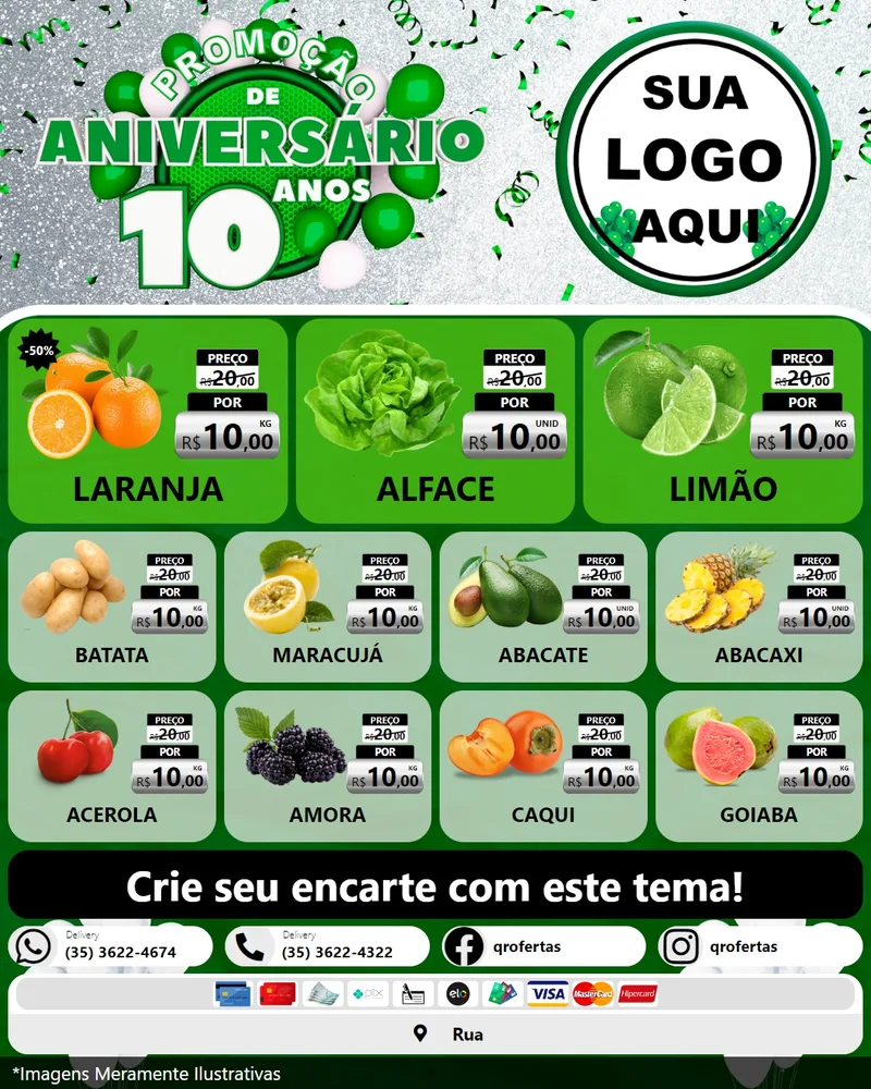 Modelo de Rede Social para Feed Instagram com o tema Promoção de Aniversário - 10 Anos para Hortifrúti