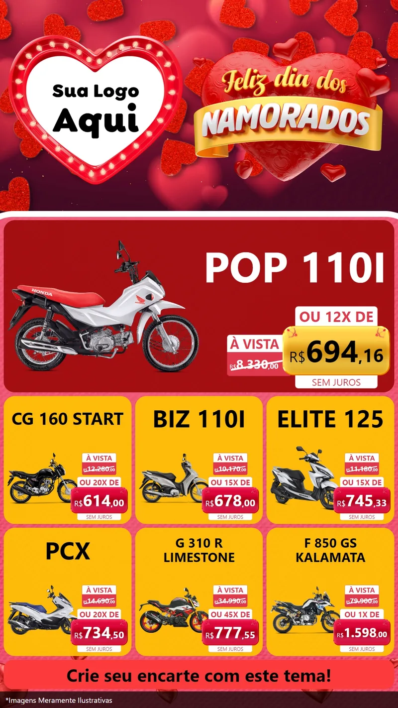 Modelo de Rede Social para Stories com o tema Feliz Dia Dos Namorados para Concessionaria de Motos