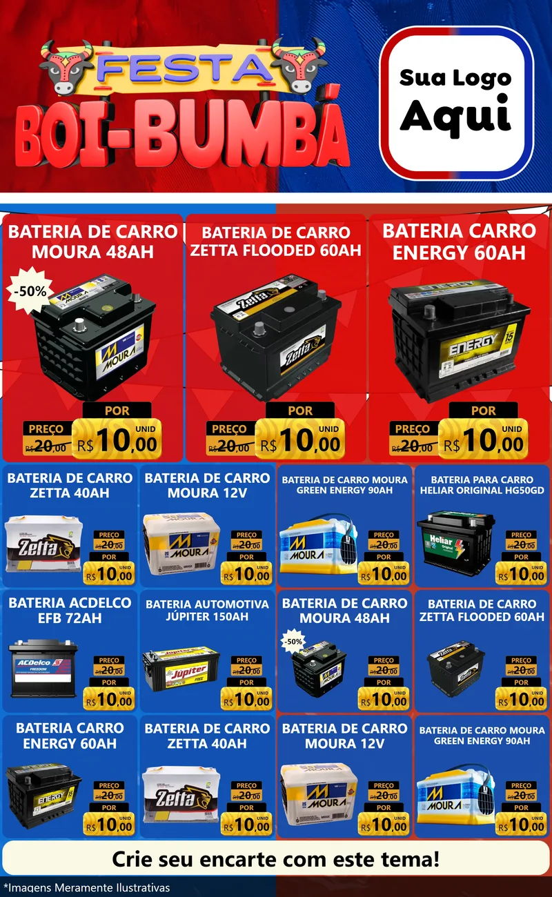 Modelo de Encarte para Encarte Grande com o tema Festa Boi Bumbá para Baterias Elétricas
