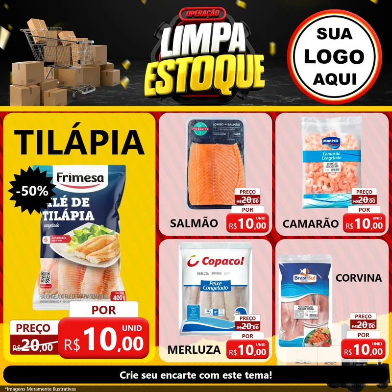 Modelo de Rede Social para Feed Facebook com o tema Operação Limpa Estoque para Peixaria