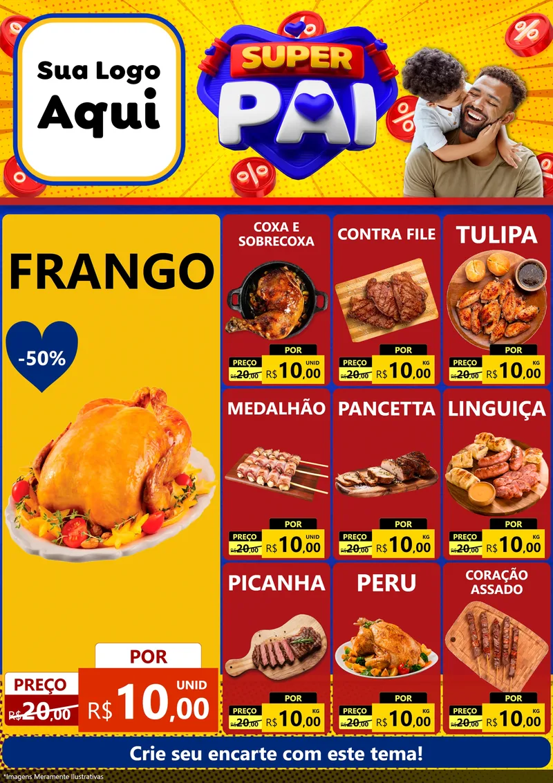 Modelo de Encarte para Encarte A4 Vertical com o tema Super Pai para Assados