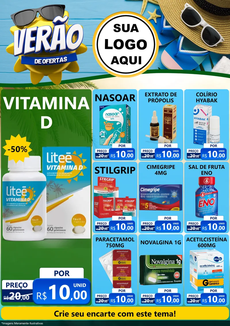 Modelo de Encarte para Encarte A4 Vertical com o tema Verão de Ofertas para Farmácia