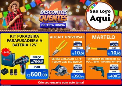 Modelo de Encarte para Encarte A4 Horizontal com o tema Descontos Quentes de Festa Junina para Maquinas e Ferramentas