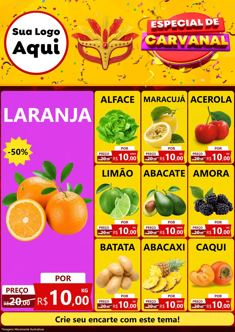 Modelo de Encarte para Encarte A4 Vertical com o tema Especial de Carnaval para Hortifrúti