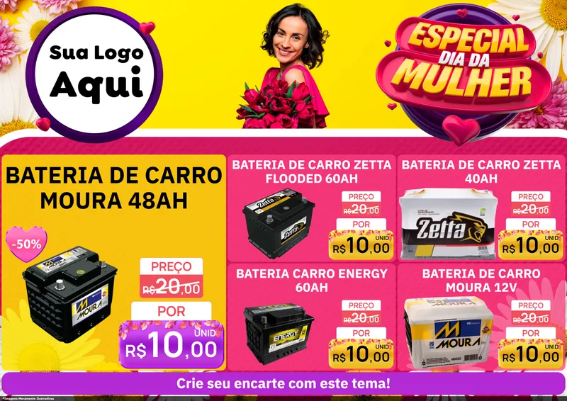 Modelo de Encarte para Encarte A4 Horizontal com o tema Especial Dia da Mulher para Baterias Elétricas