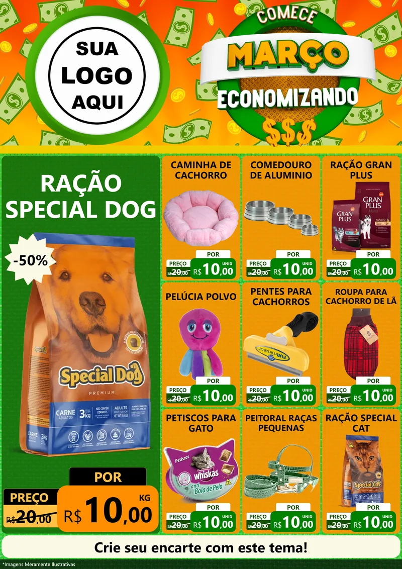 Modelo de Encarte para Encarte A4 Vertical com o tema Comece Março Economizando para Pet Shop