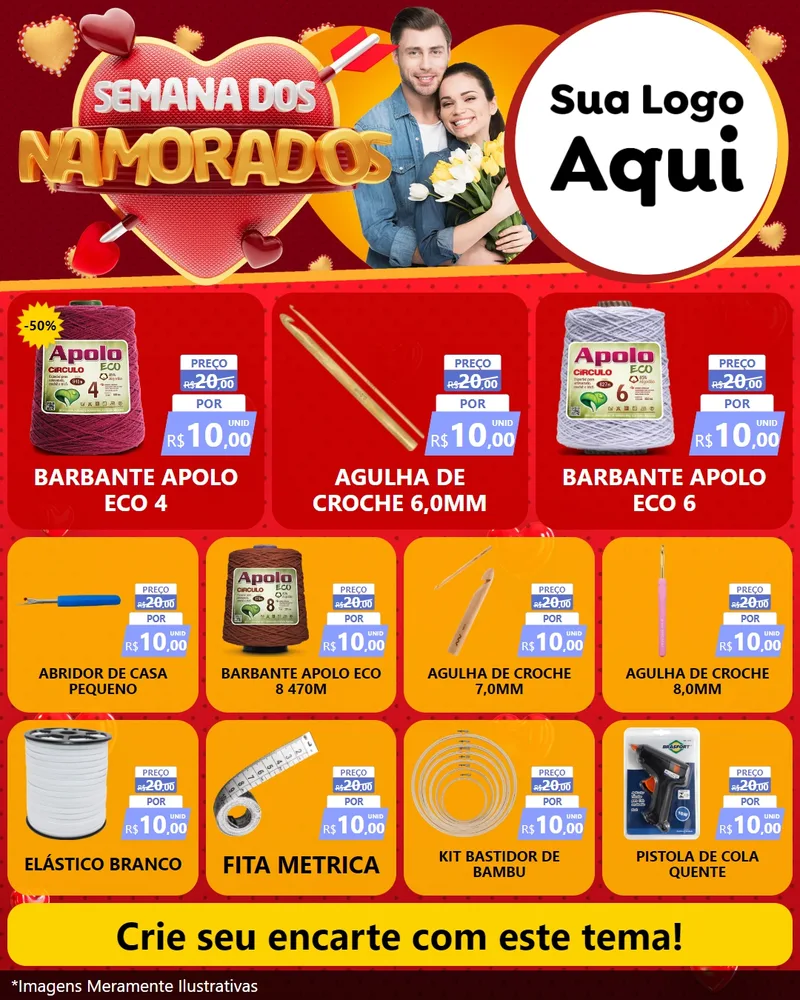 Modelo de Rede Social para Feed Instagram com o tema Semana dos Namorados para Armarinho e Aviamentos
