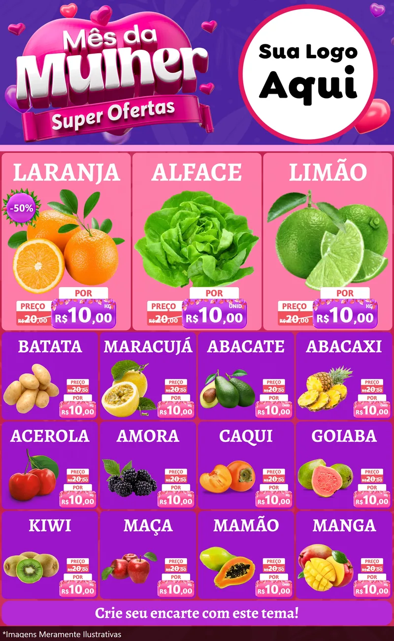 Modelo de Encarte para Encarte Grande com o tema Mês da Mulher - Super Ofertas para Hortifrúti