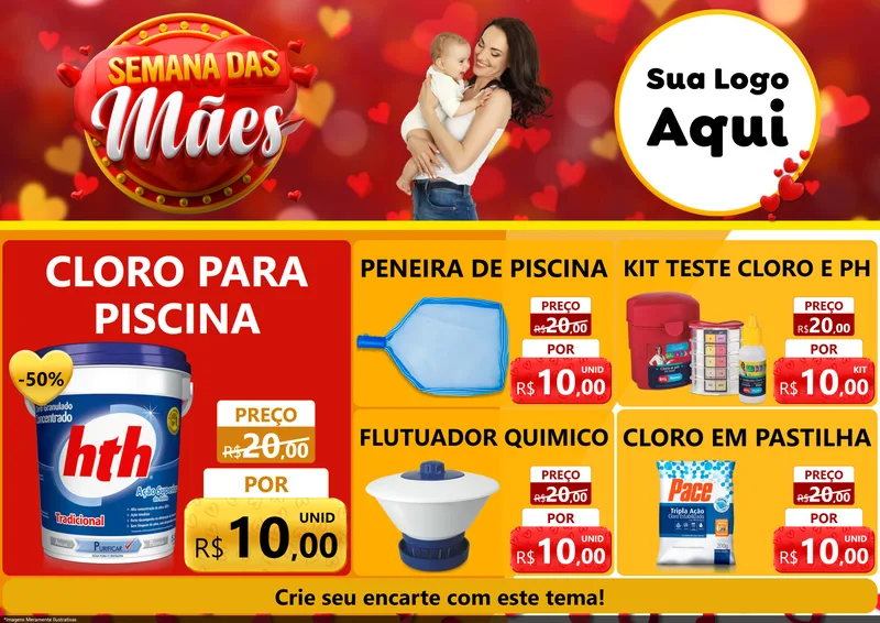 Modelo de Encarte para Encarte A4 Horizontal com o tema Semana das Mães para Produtos para Piscina