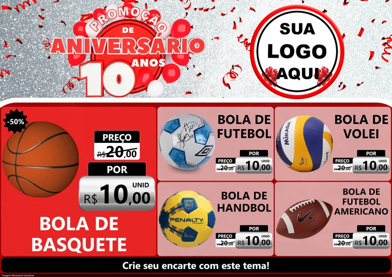 Modelo de Encarte para Encarte A4 Horizontal com o tema Promoção de Aniversário - 10 Anos para Artigos Esportivos
