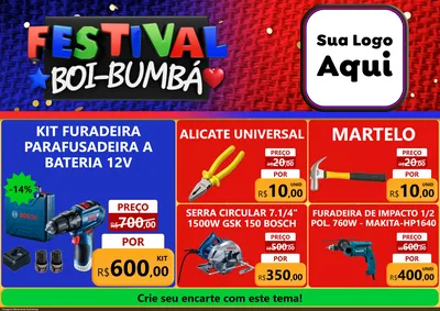Modelo de Encarte para Encarte A4 Horizontal com o tema Festival Boi-Bumbá para Maquinas e Ferramentas