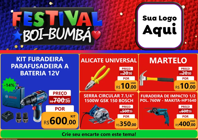 Modelo de Encarte para Encarte A4 Horizontal com o tema Festival Boi-Bumbá para Maquinas e Ferramentas