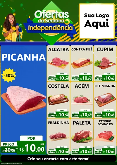 Modelo de Encarte para Encarte A4 Vertical com o tema Ofertas da Semana da Independência para Açougue