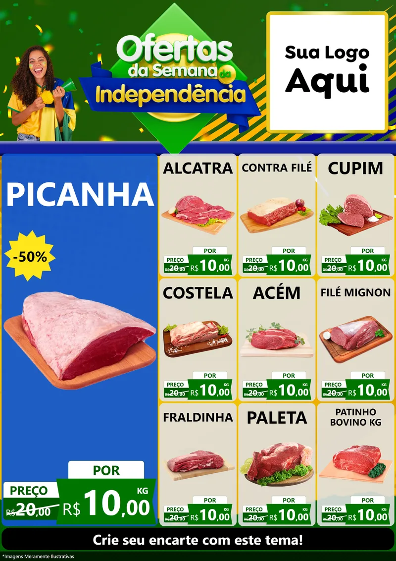 Modelo de Encarte para Encarte A4 Vertical com o tema Ofertas da Semana da Independência para Açougue