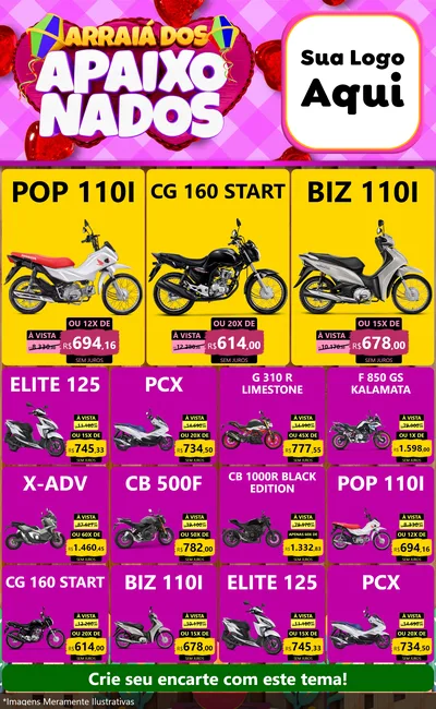 Modelo de Encarte para Encarte Grande com o tema Arraiá dos Apaixonados para Concessionaria de Motos