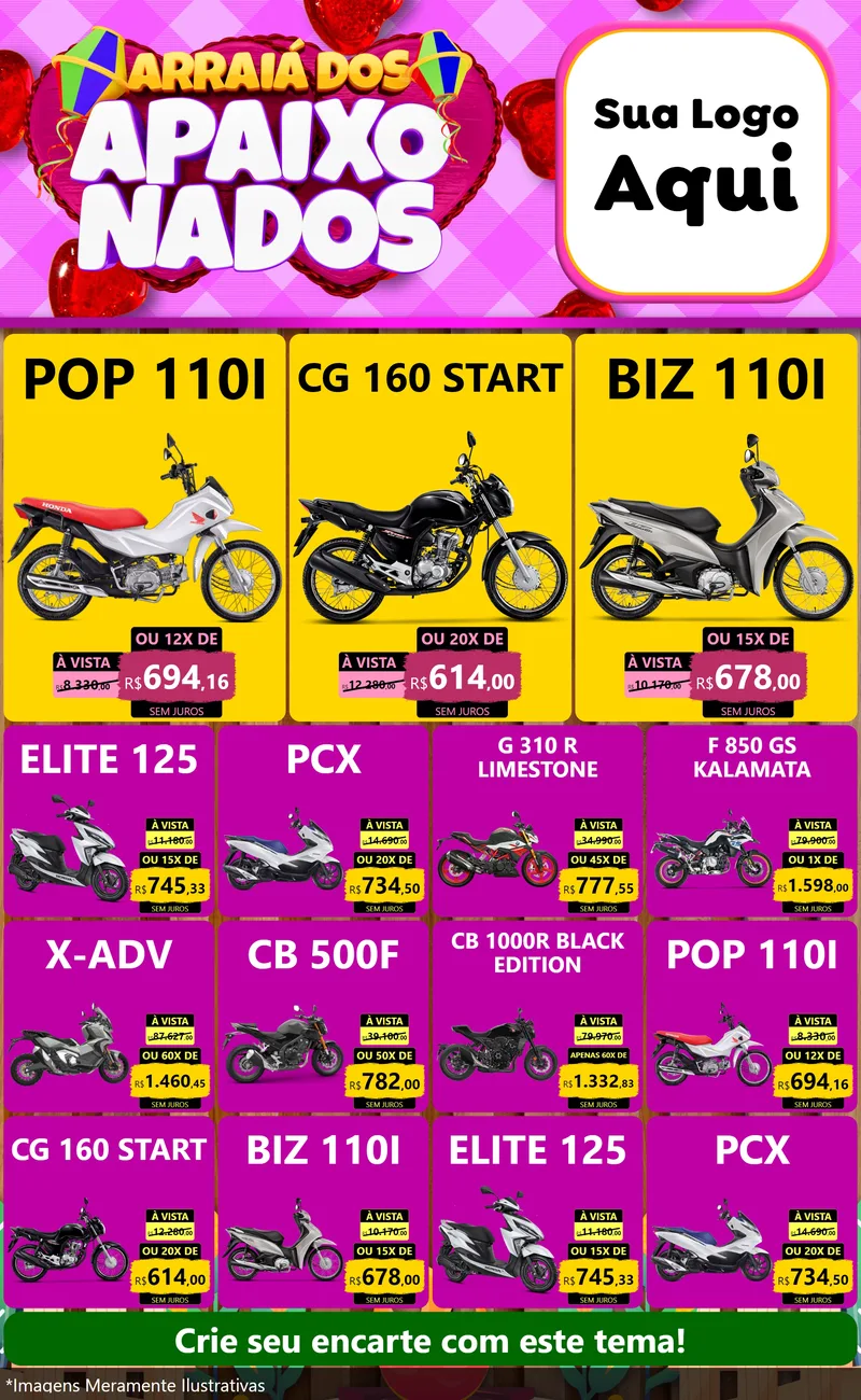 Modelo de Encarte para Encarte Grande com o tema Arraiá dos Apaixonados para Concessionaria de Motos
