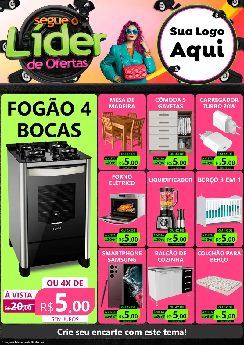 Modelo de Encarte para Encarte A4 Vertical com o tema Segue o Líder de Ofertas para Móveis e Eletro