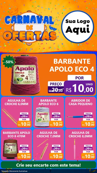 Modelo de Rede Social para Stories com o tema Carnaval de Ofertas para Armarinho e Aviamentos