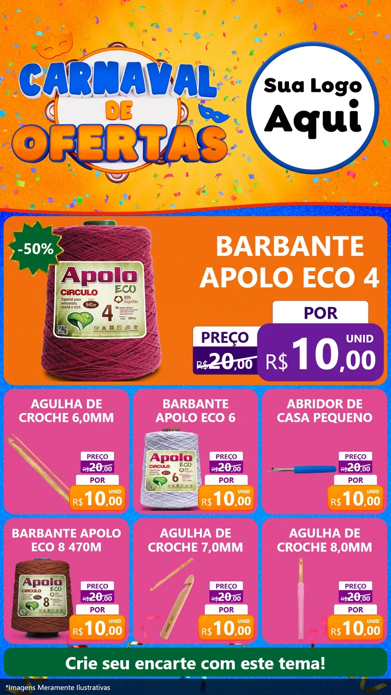 Modelo de Rede Social para Stories com o tema Carnaval de Ofertas para Armarinho e Aviamentos