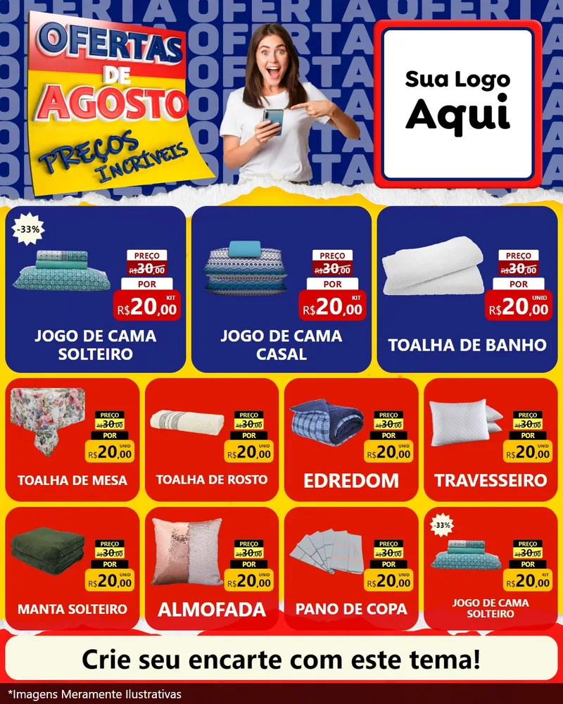Modelo de Rede Social para Feed Instagram com o tema Ofertas de Agosto - Preços Incríveis para Cama, Mesa e Banho