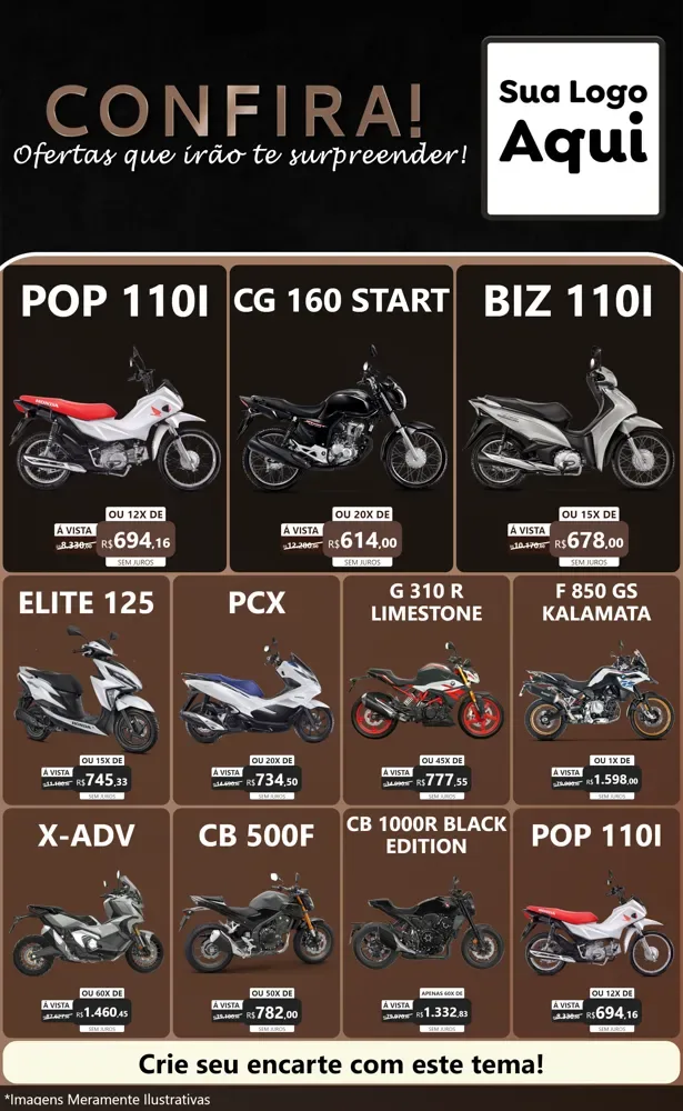 Modelo de Encarte para Encarte Grande com o tema Confira! Ofertas que irão te surpreender! para Concessionaria de Motos