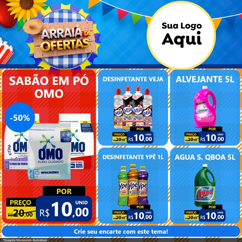 Modelo de Rede Social para Feed Facebook com o tema Arraiá de Ofertas para Produtos de Limpeza