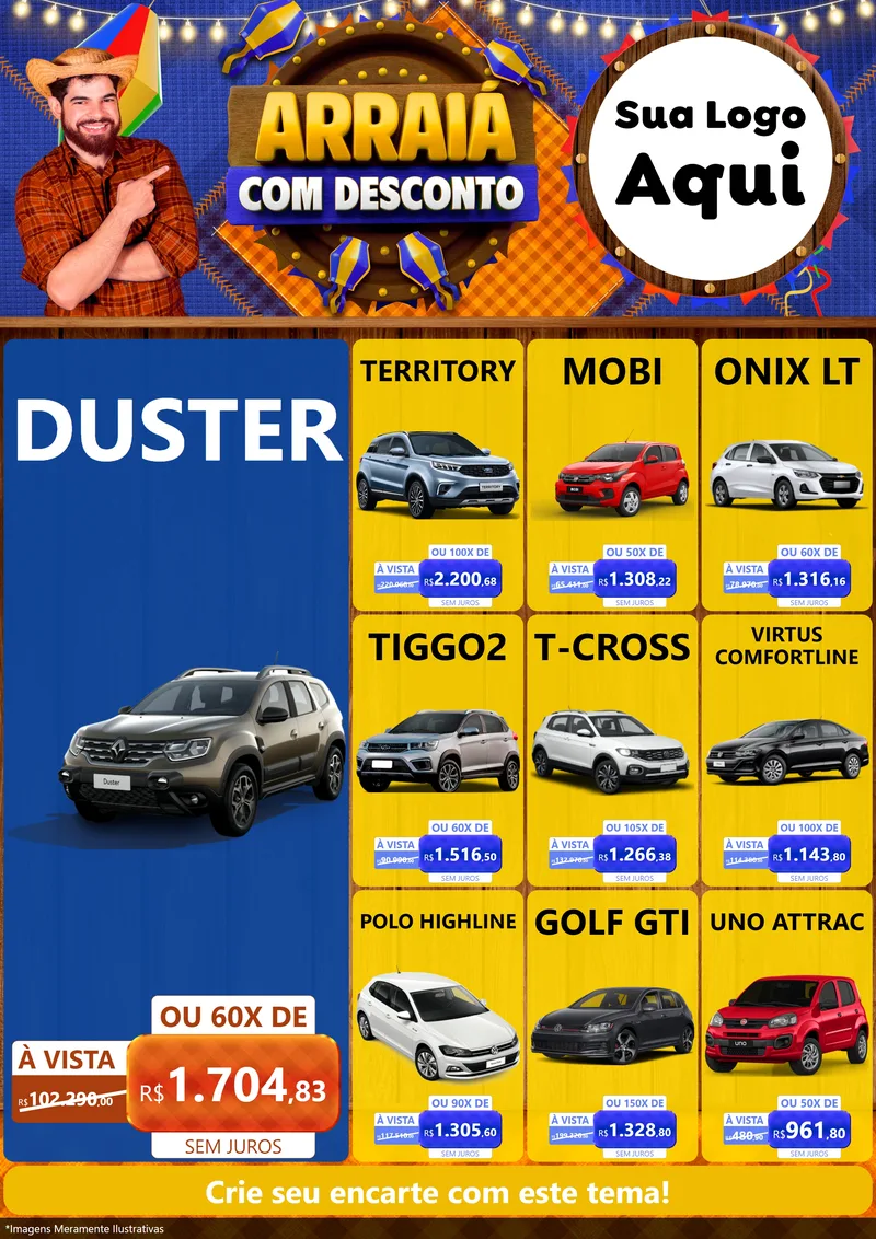 Modelo de Encarte para Encarte A4 Vertical com o tema Arraiá Com Desconto para Concessionaria de Carros