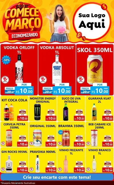 Modelo de Encarte para Encarte Grande com o tema Comece Março Economizando para Distribuidora de bebidas