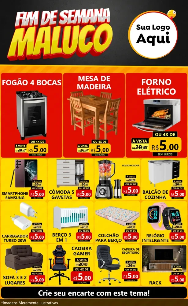 Modelo de Encarte para Encarte Grande com o tema Final de Semana Maluco para Móveis e Eletro