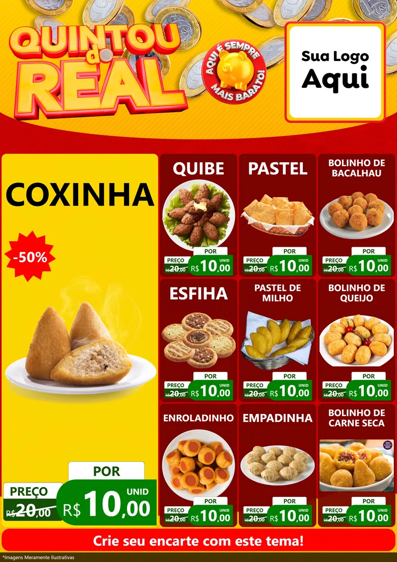 Modelo de Encarte para Encarte A4 Vertical com o tema Quintou do Real para Salgadaria