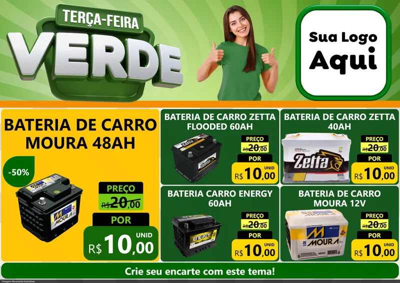 Modelo de Encarte para Encarte A4 Horizontal com o tema Terça - Feira Verde para Baterias Elétricas