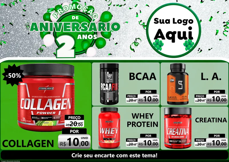 Modelo de Encarte para Encarte A4 Horizontal com o tema Promoção de Aniversário - 2 Anos para Suplementos alimentares