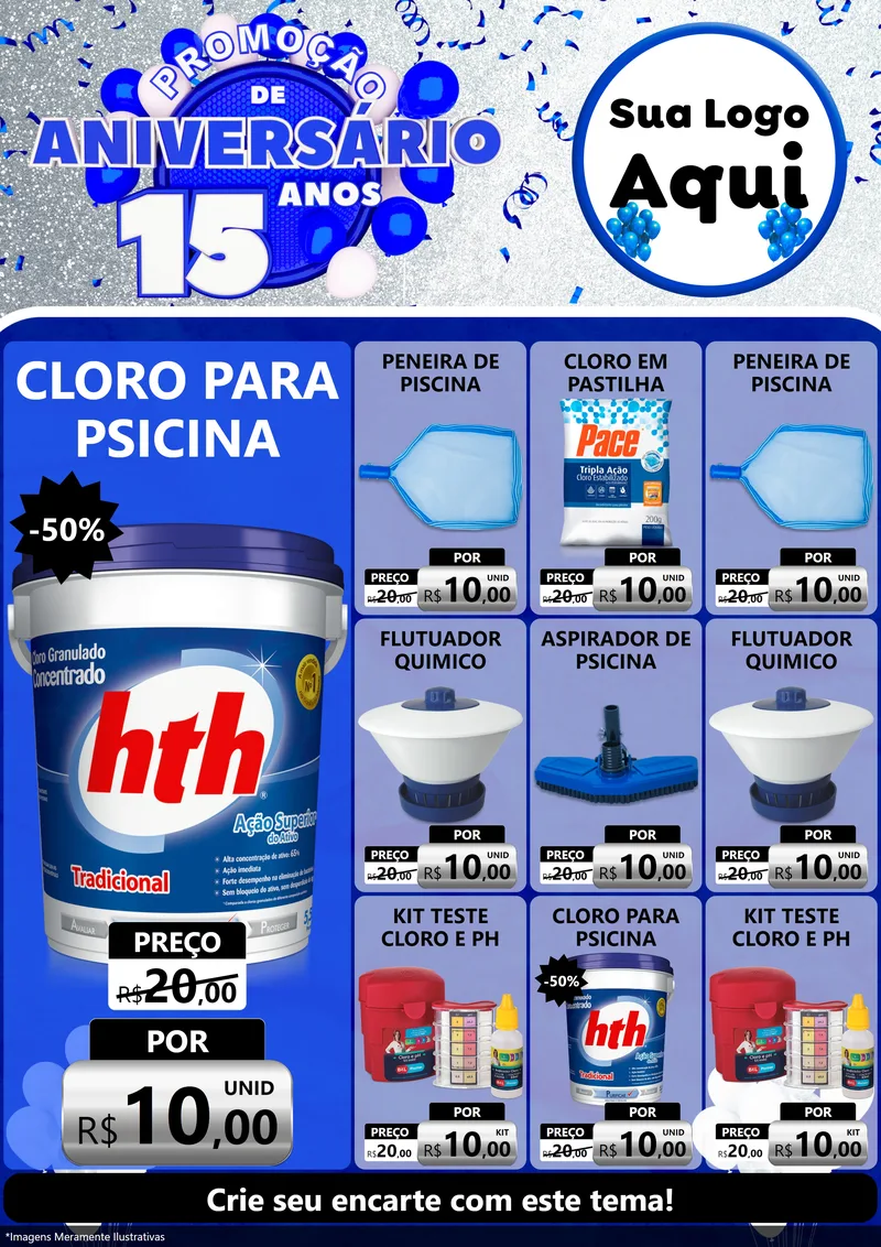 Modelo de Encarte para Encarte A4 Vertical com o tema Promoção de Aniversário - 15 Anos para Produtos para Piscina