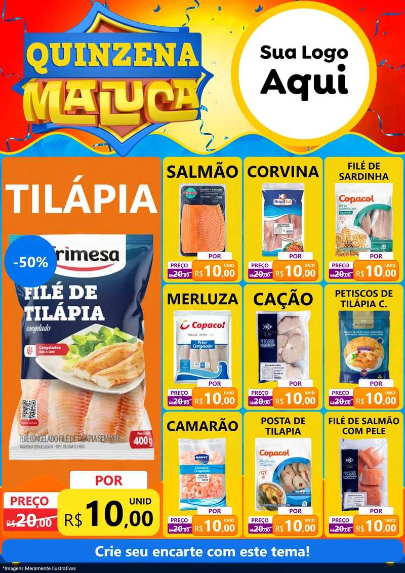 Modelo de Encarte para Encarte A4 Vertical com o tema Quinzena Maluca para Peixaria