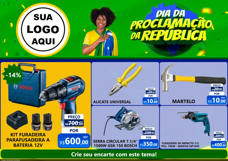 Modelo de Encarte para Encarte A4 Horizontal com o tema Dia Da Proclamação Da República para Maquinas e Ferramentas
