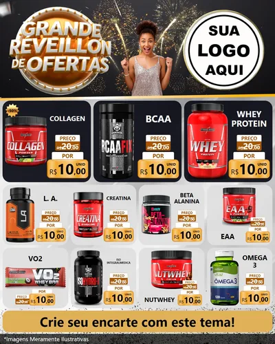 Modelo de Rede Social para Feed Instagram com o tema Grande Réveillon de Ofertas para Suplementos alimentares